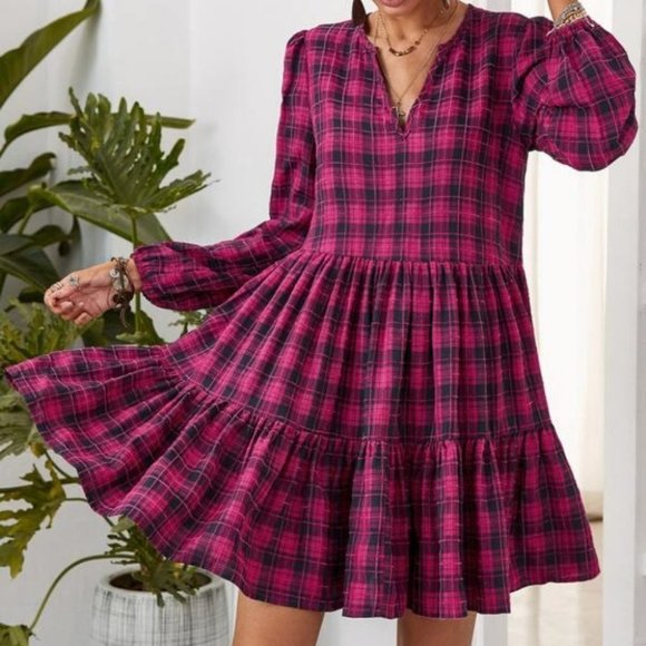 Dresses & Skirts - BOHO Plaid ruffle hem lantern sleeve dress plum